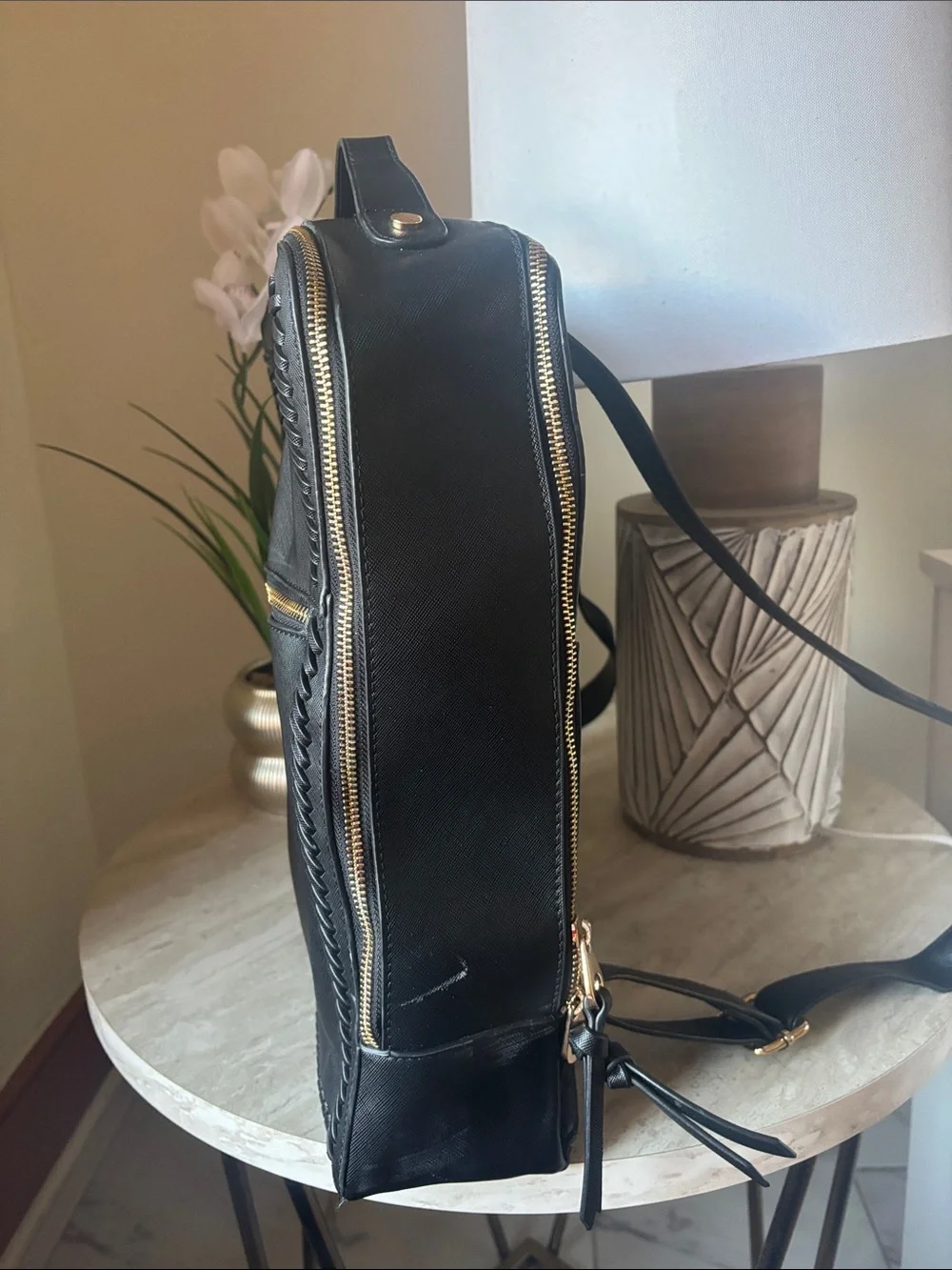Calpak Black Backpack with Gold Hardware and Braided Trim